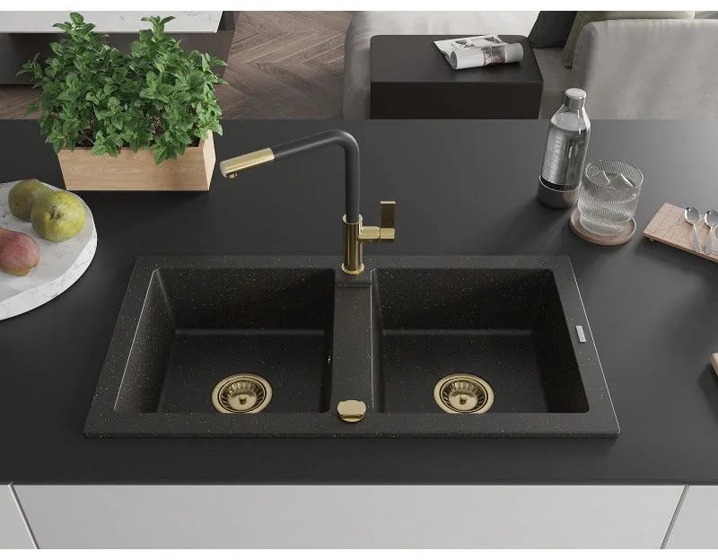 Mexen Mario, 2-komorový granitový drez 820x436x161 mm a drezová batéria Flora, čierna-zlatá metalíza, 6504-75-670401-57-G