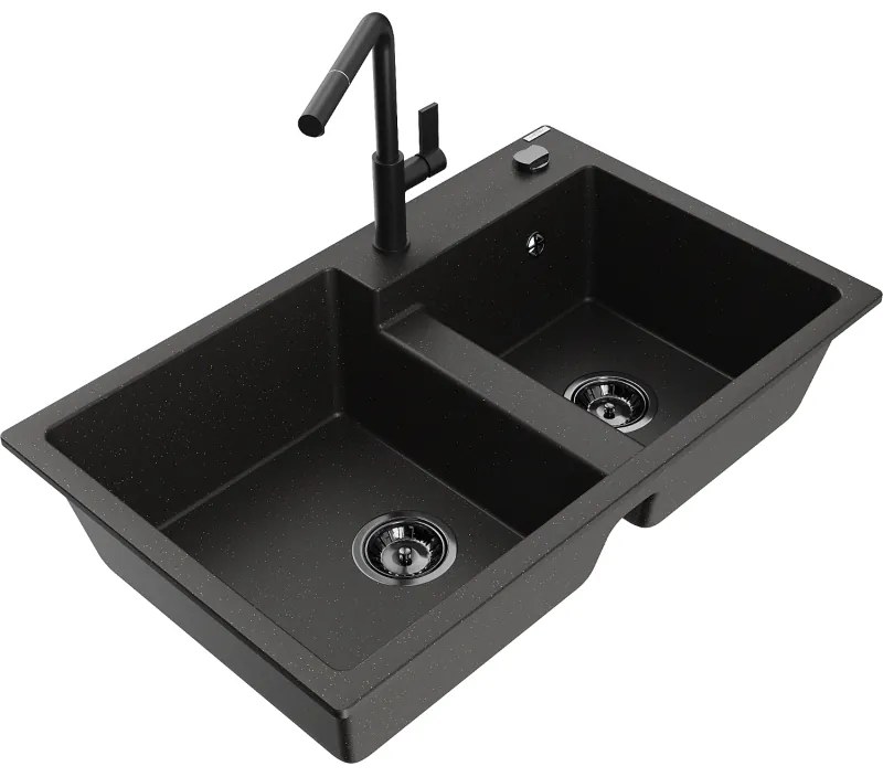 Mexen Tomas, 2-komorový granitový drez 800x500x190 mm a drezová batéria Flora, čierna-zlatá metalíza, 6516-75-670401-70-B