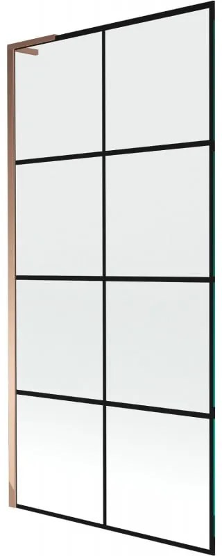 Mexen Next L, 1-krídlová vaňová zástena 90 x 150 cm, 6mm číre sklo-čierny vzor, ružové zlato profil, 895-090-000-03-77-60
