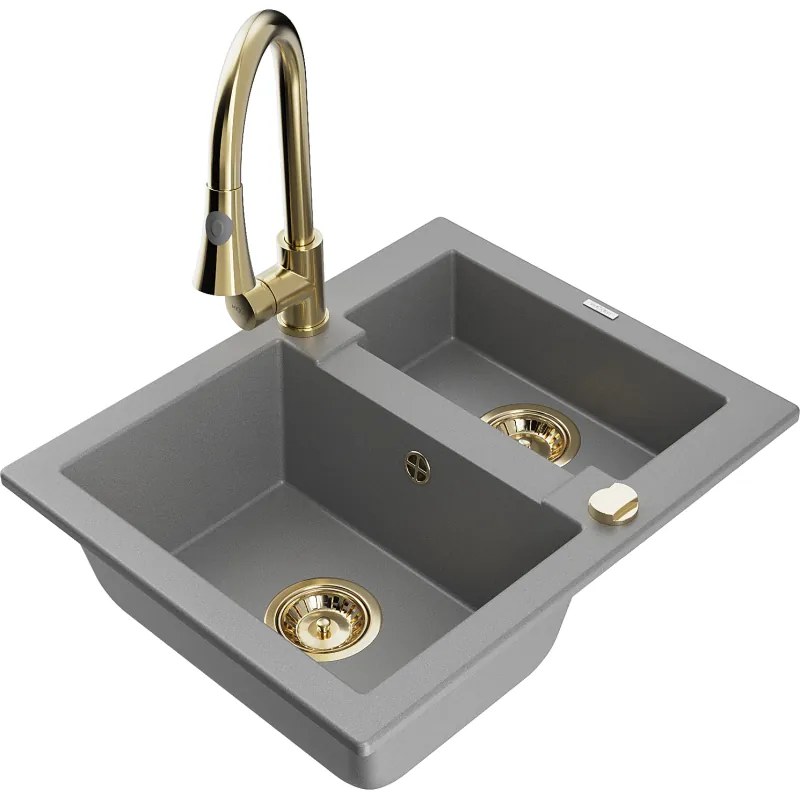 Mexen Carlos, 1,5-komorový granitový drez 582x475x177 mm a drezová batéria Elia, šedá, 6518-71-670101-50