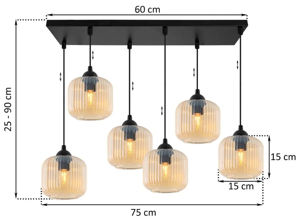 Light Home Závesné svietidlo Riffle, 6x medové sklenené tienidlo