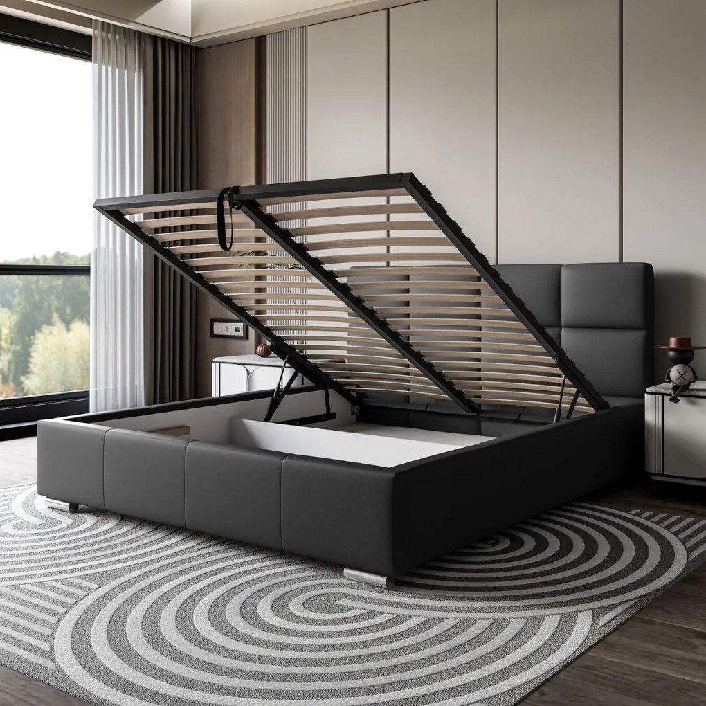 LUISI 160X200 ČALÚNENÁ MANŽELSKÁ POSTEĽ ČIERNA EKO-KOŽA S ÚLOŽNÝM PRIESTOROM