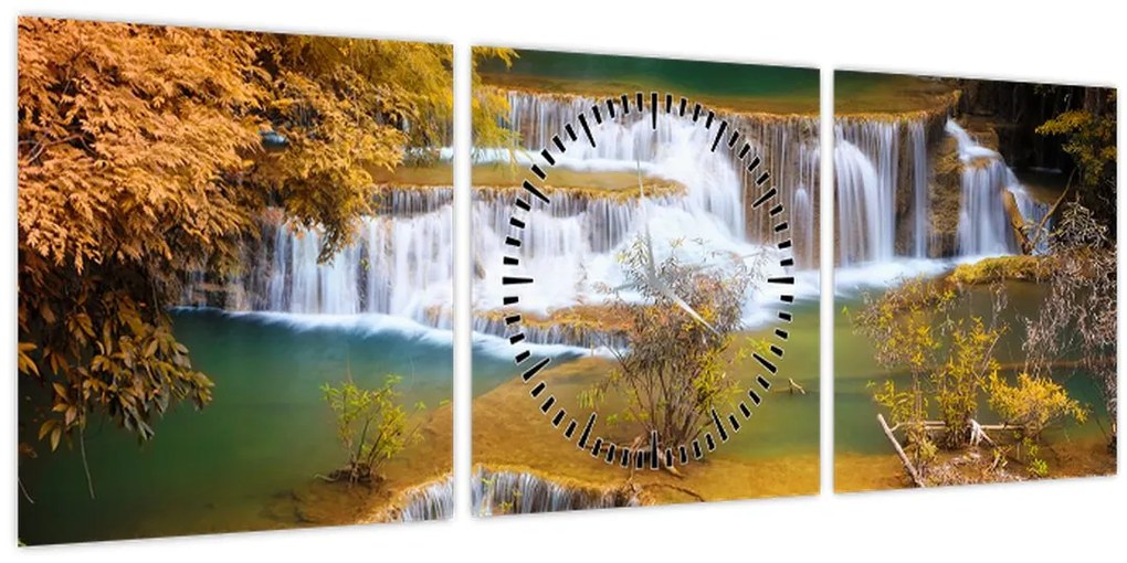 Obraz - Vodopády Huay Mae Khamin, Thajsko (s hodinami) (90x30 cm)