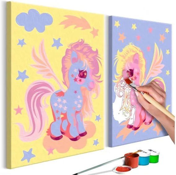 DIY set na tvorbu vlastného dvojdielneho obrazu na plátne Artgeist Magical Unicorns, 33 × 23 cm