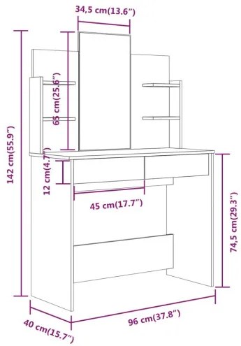 vidaXL Sada toaletného stolíka sivý dub sonoma 96x40x142 cm-