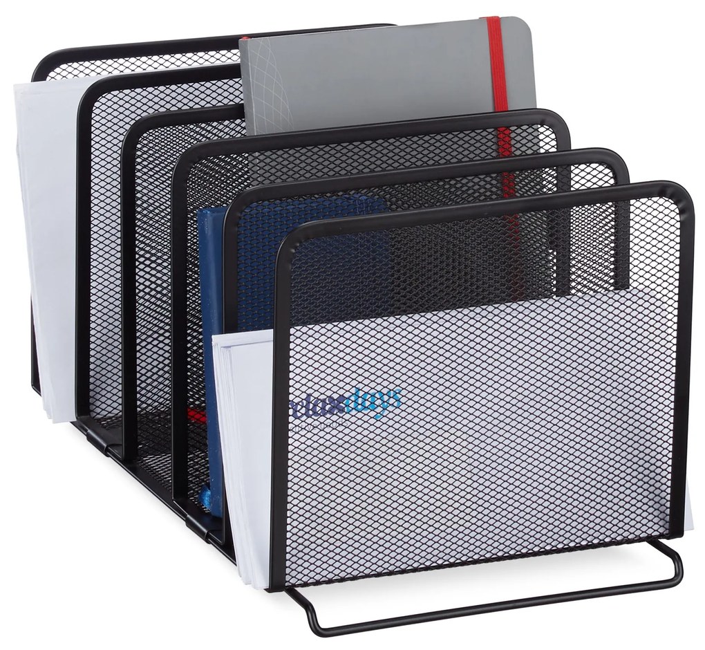 Kovový stolový organizér Relaxdays RD8954 – 5 priehradiek, čierny sieťovaný dizajn