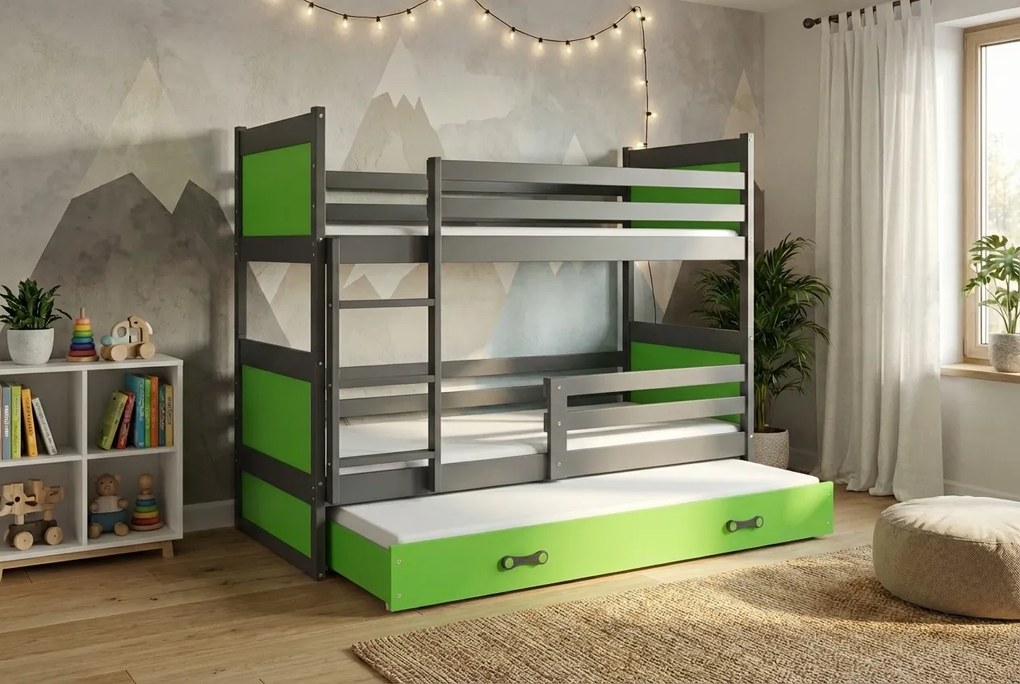 Poschodová posteľ s prístelkou RICO 3 190x90 Grafitová - Zelená