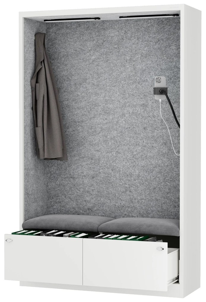 Akustická kabína SALLY MentalBox 1150 mm – biely korpus, sivé sedadlo