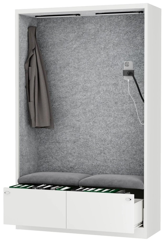 Kancelárska akustická kabína so sedadlom a portom USB-C, telo v biely / sedák sivá v zelenej farbe, 1150 mm: SALLY MentalBox