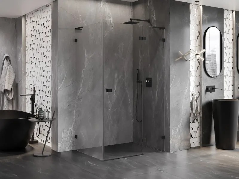 Mexen Lunar L, pravý výklopný sprchový kút 75 x 90 cm, číre sklo, čierny profil, 834L-075-090-70-00-P