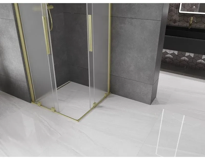 Mexen Velar Duo, sprchový kút s posuvnými dverami 90 x 90 cm, 8mm sklo námraza, zlatá matná, 871-090-090-32-55
