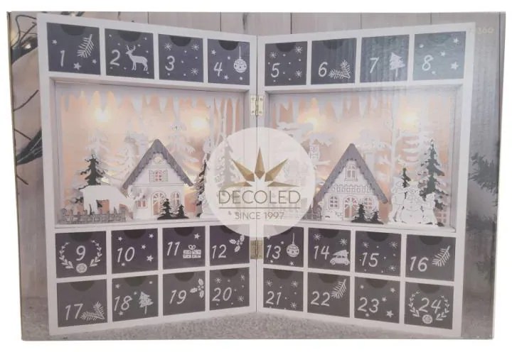 LED adventný kalendár drevená kniha, 23,5 × 11 × 34,5 cm, biela a sivá, 2× AA