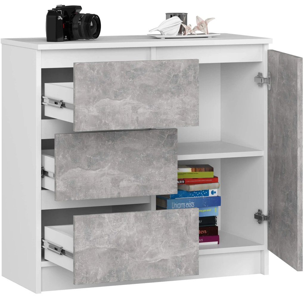 Komoda JERRY K 80 cm 1 dvere 3 zásuvky biela/betón