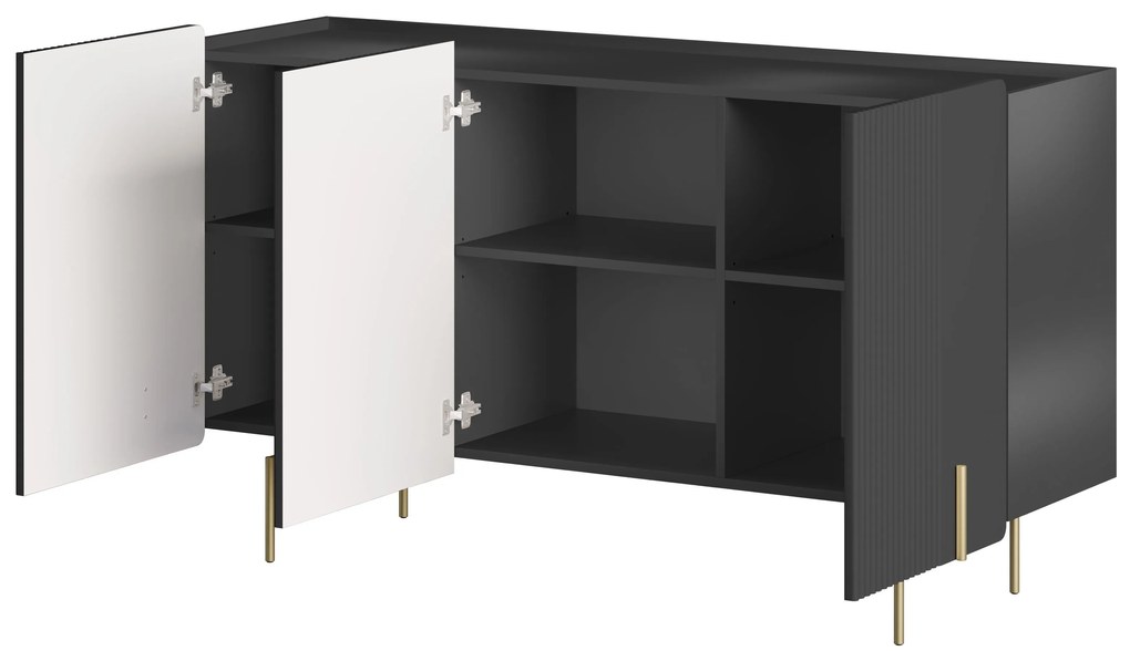 Komoda Malmi 150 cm trojdverová - čierny mat / zlaté nohy