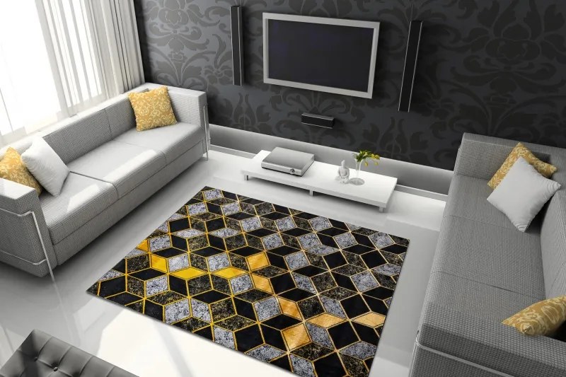 Dywany Łuszczów, Kusový koberec Gloss 400B 86 3D geometric black/gold, 140x190, čierna, kancelária