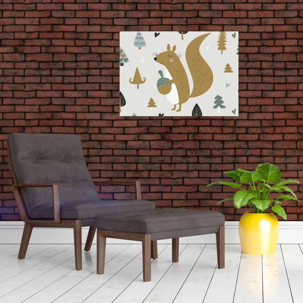 Sklenený obraz - Veverička s orieškom (70x50 cm)