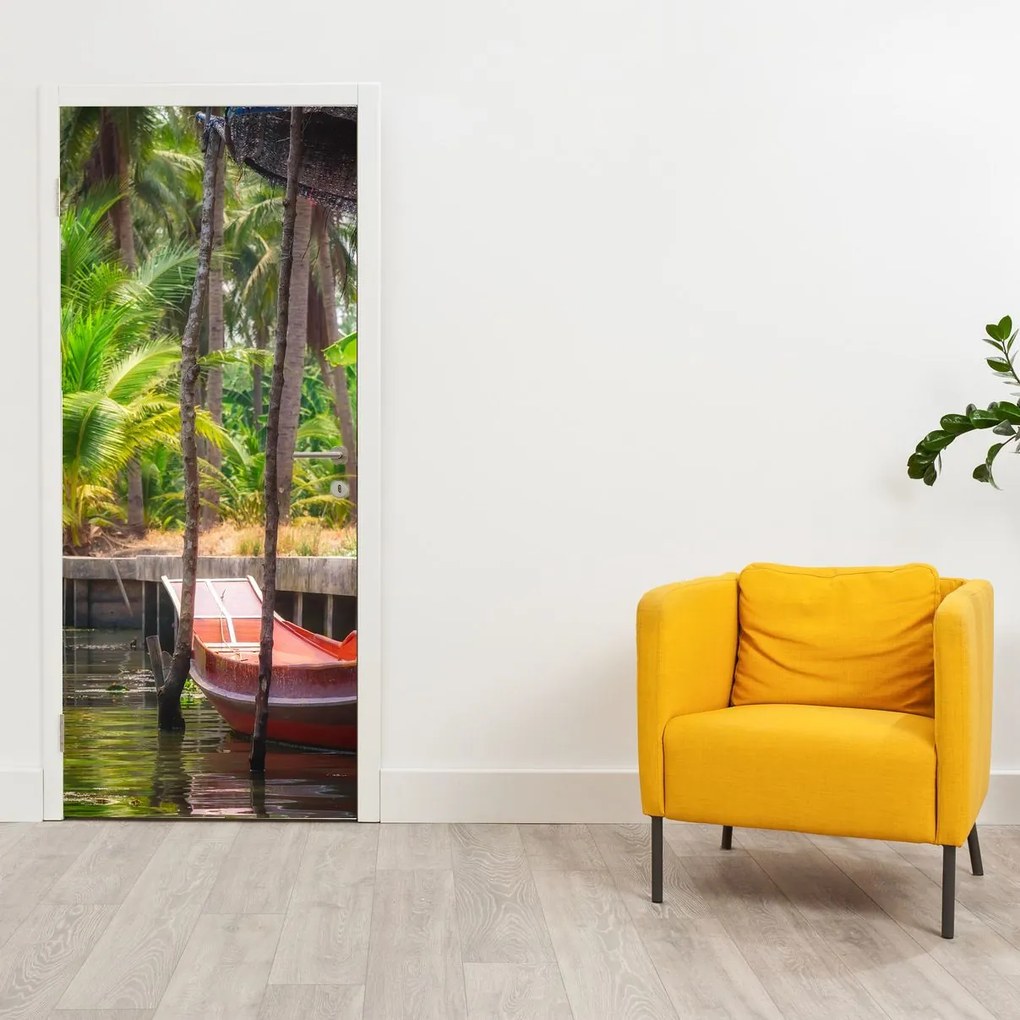 Fototapeta na dvere - Drevená loď na kanáli (95x205cm)