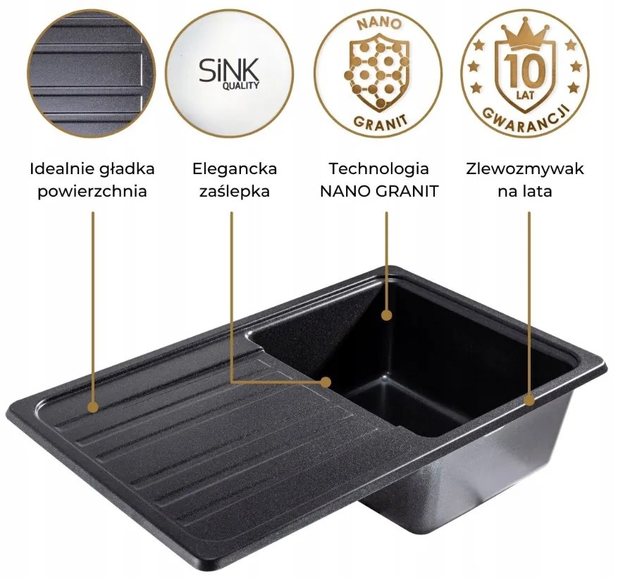 Sink Quality Sapphire, kuchynský granitový drez 755x460x190 mm + zlatý sifón, čierna škvrnitá-BROCADE, SKQ-SAP.B.1KDO.XG