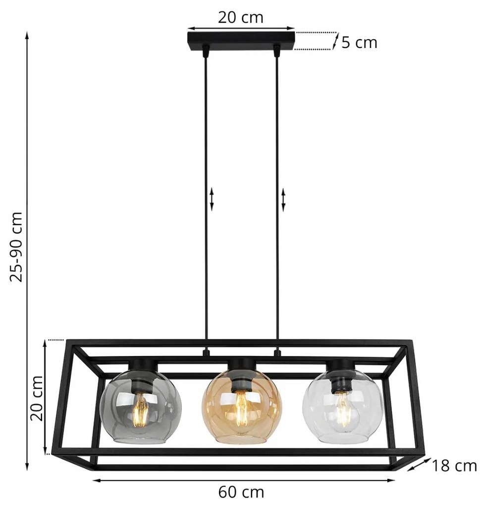 Závesné svietidlo HAGA CAGE, 3x sklenené tienidlo v kovovom ráme (mix 3 farieb)