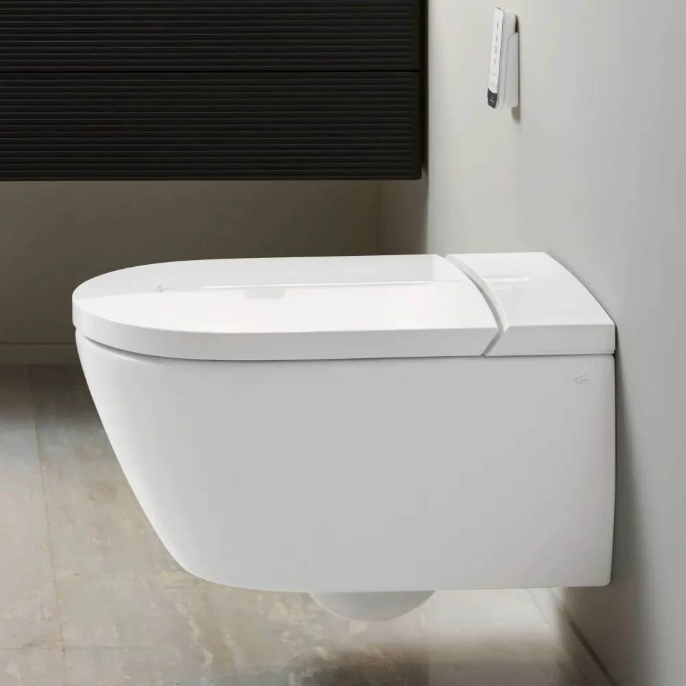 VILLEROY &amp; BOCH ViClean-I 100 elektronický bidet s keramikou, s hlbokým splachovaním bez vnútorného okraja, 385 x 595 mm, biela alpská, s povrchom CeramicPlus, V0E200R1