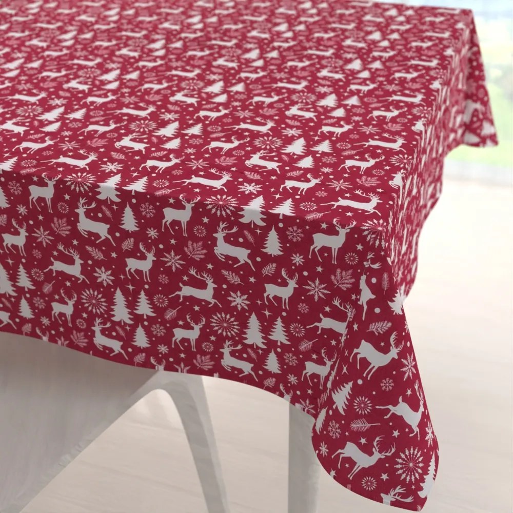 Biante Zamatový štvorcový obrus Tamara TMR-045 Vianočné jelene a stromčeky na červenom 90x90 cm
