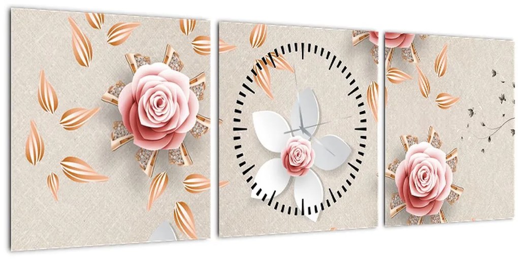 Obraz - Kvety ruží (s hodinami) (90x30 cm)