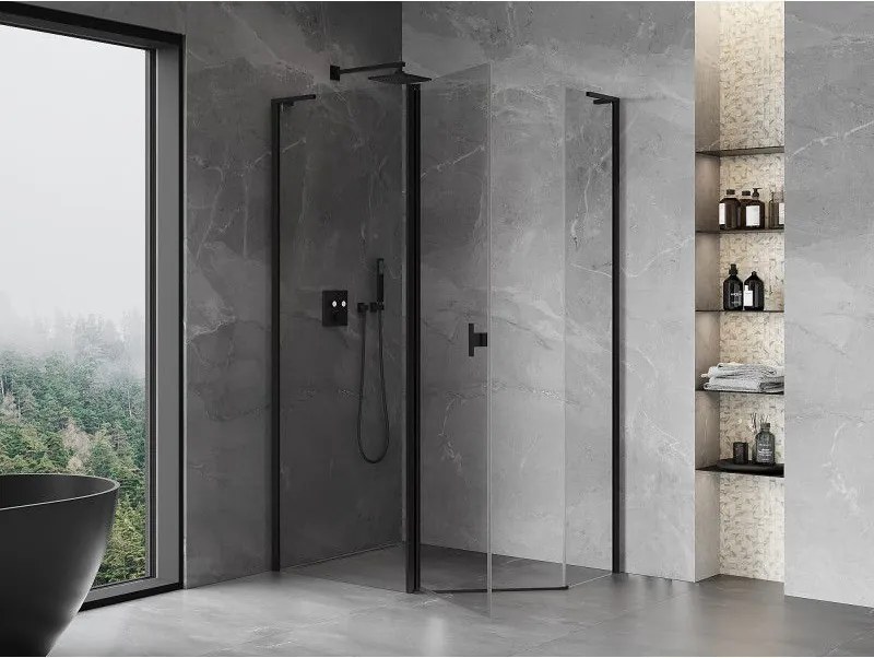 Mexen Mist L, päťuholníkový sprchový kút s krídlovými dverami, 100 x 80 cm, 8mm číre sklo, čierny profil, 8A8L-100-080-70-00