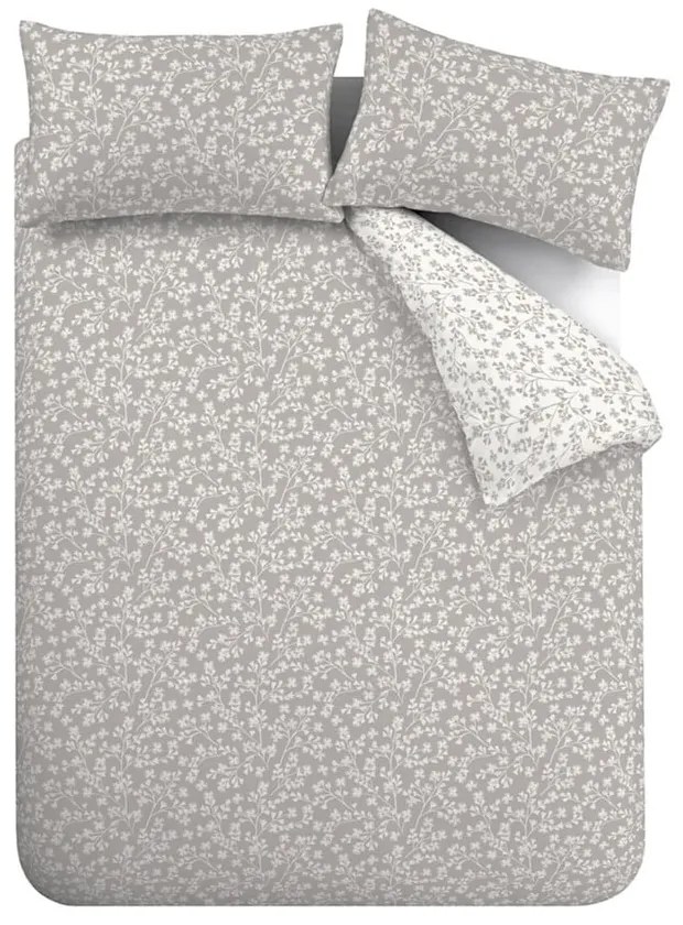 Sivé flanelové obliečky na dvojlôžko 200x200 cm Grace Floral Leaf – Catherine Lansfield