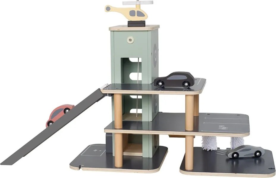 Detská parkovacia garáž s vrtuľníkom