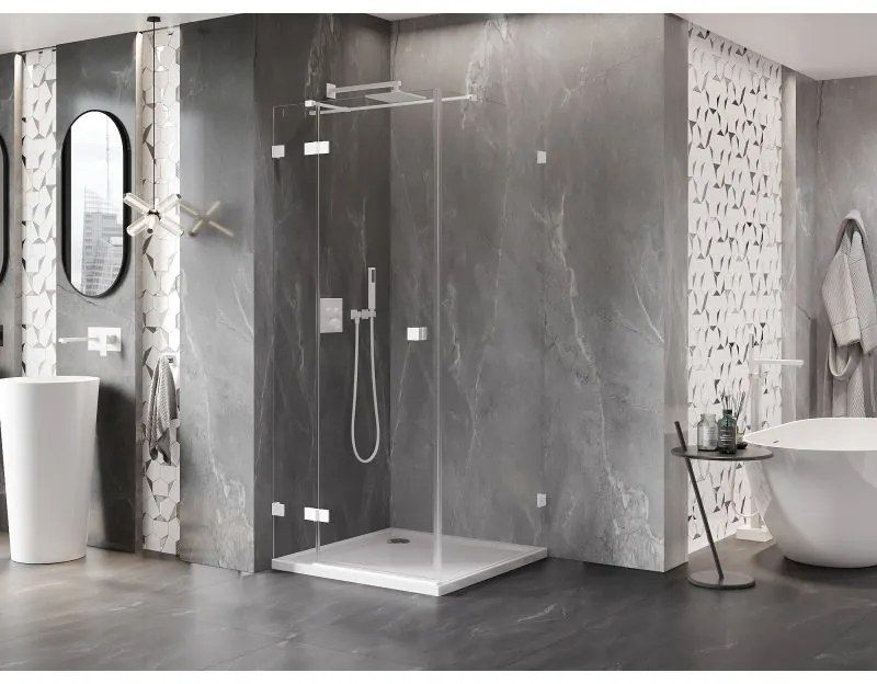 Mexen Lunar T, sklápací sprchový kút ľavý 110 x 110 cm, 8mm číre sklo, biely profil, 834T-110-110-20-00-L