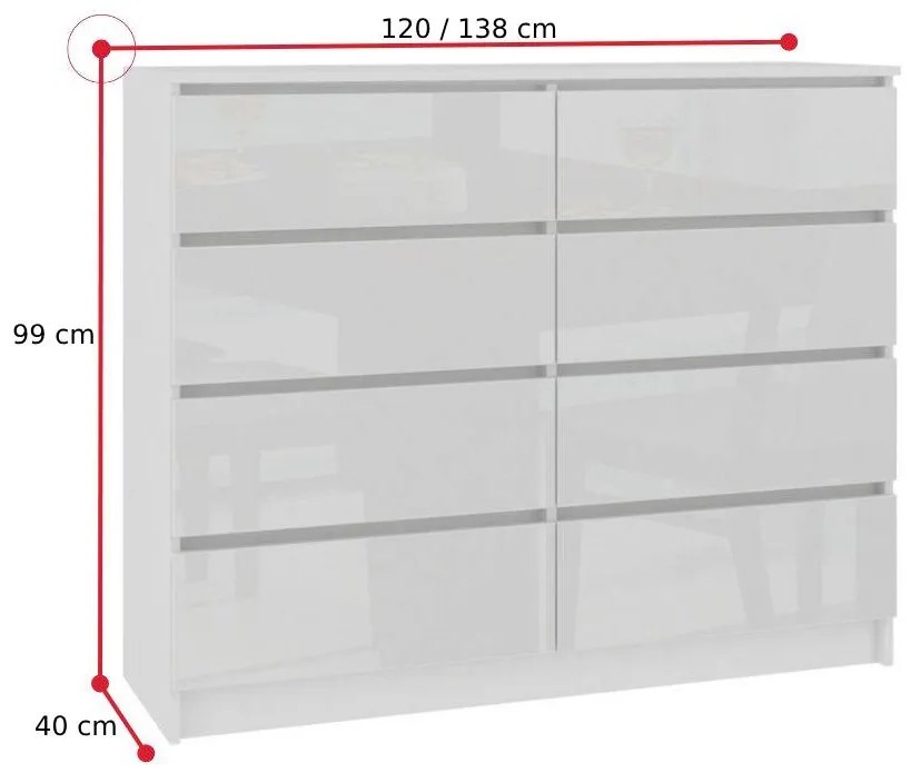 Komoda ARMARIA K140 8SZ, 138x99x40, biela