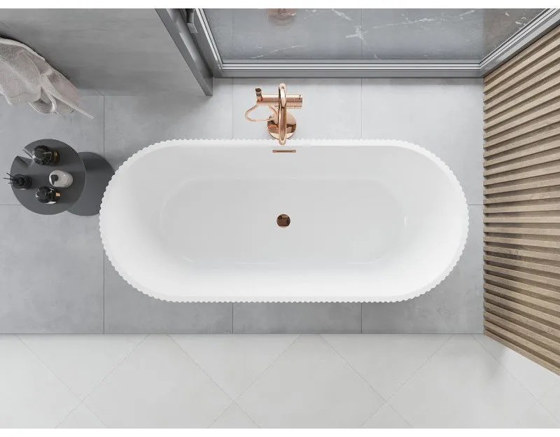 Mexen Yara, voľne stojaca ryhovaná vaňa 170 x 75 cm, biela lesklá, ružové zlato prepad, 52861707500-60