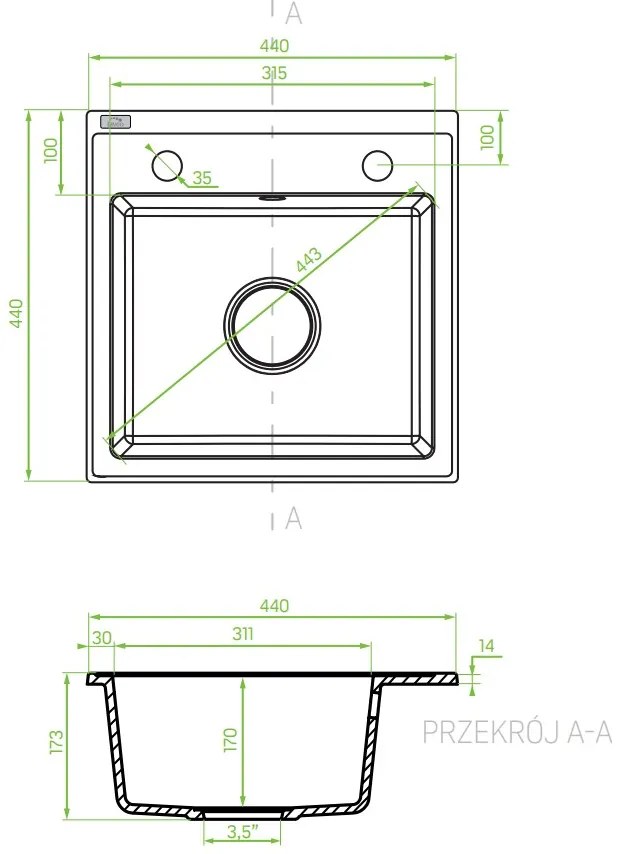 Laveo Trzynastka, 1-komorový granitový drez 440x440x173 mm, šedá, LAV-SBP_510T
