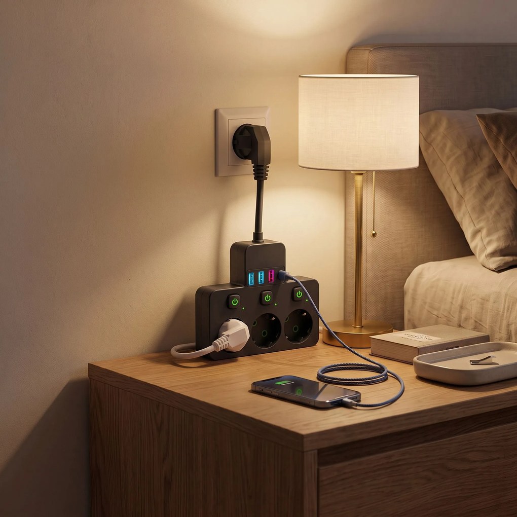 Toolight Toolight, JNH018, zásuvkový rozbočovač 3 zásuvky + 3× USB-A + USB-C s LED svetlom, čierna, OSW-56307