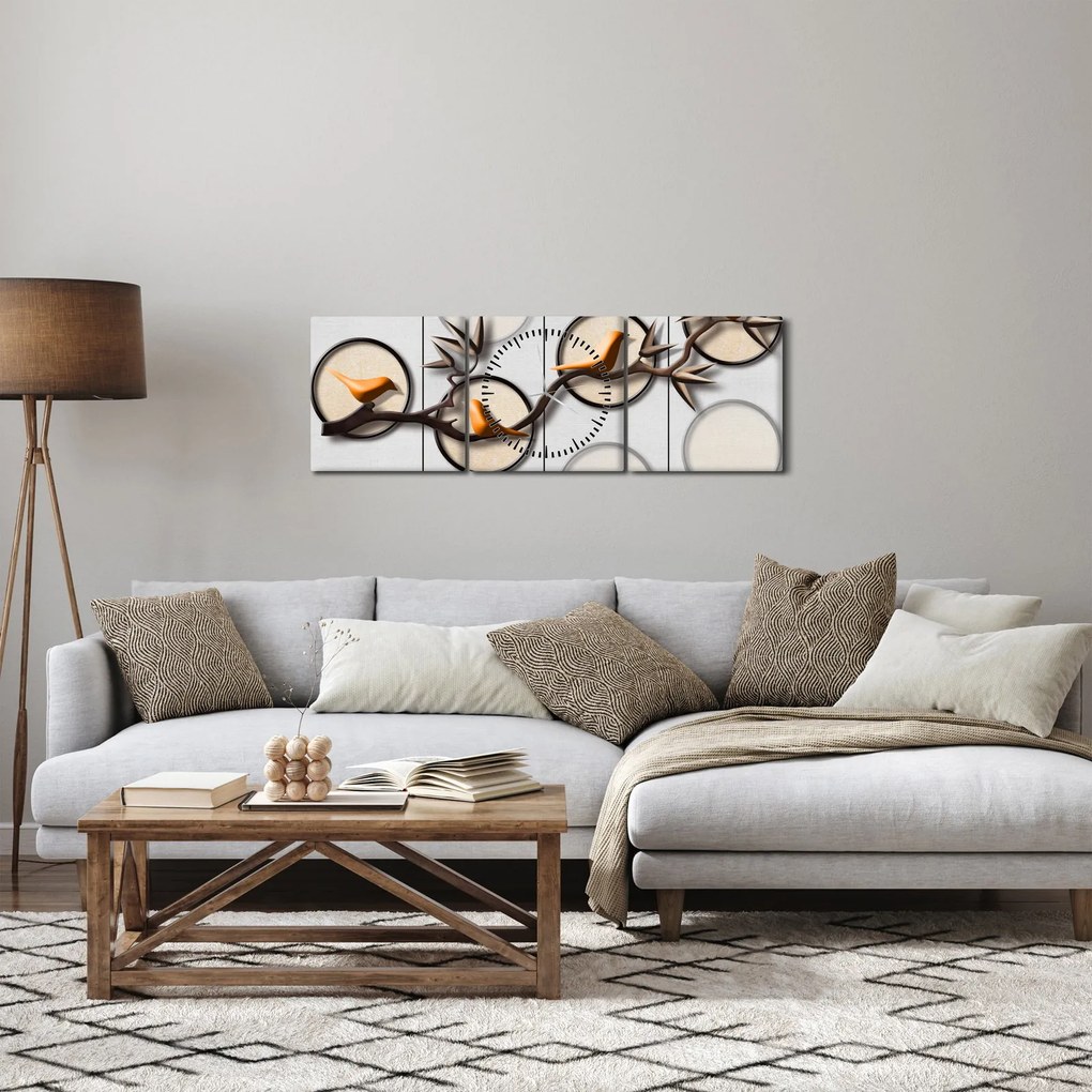 Umelecký obraz - Vtáčiky na vetve (s hodinami) (90x30 cm)