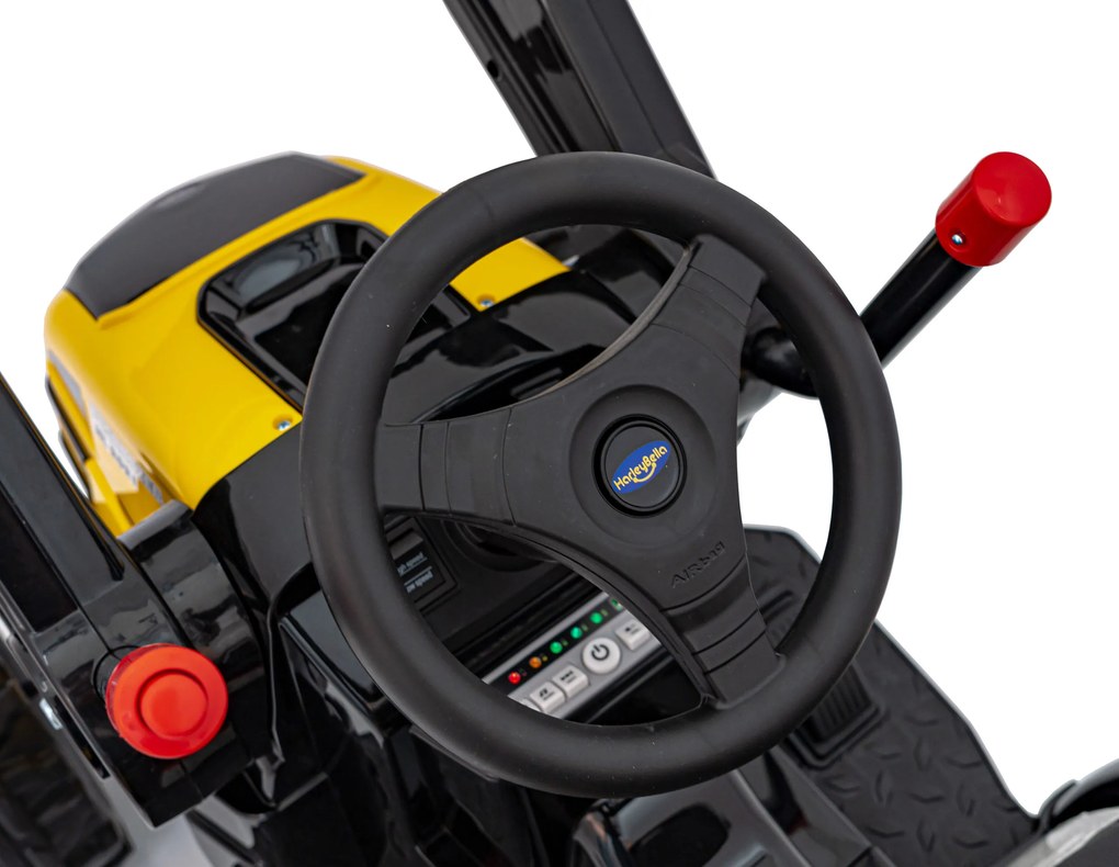 Batériový bager-traktor pre deti žltý + pohyblivé rameno lyžice + diaľkové ovládanie + pomalý štart + FM rádio + LED