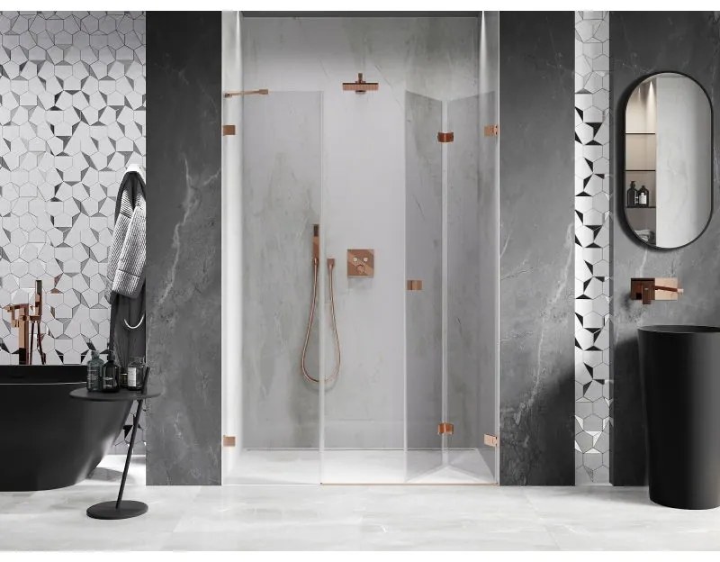 Mexen Lunar-F, pravé skladacie sprchové dvere 115 cm, 8mm číre sklo, medený matný profil, 836S-115-050-65-00-P