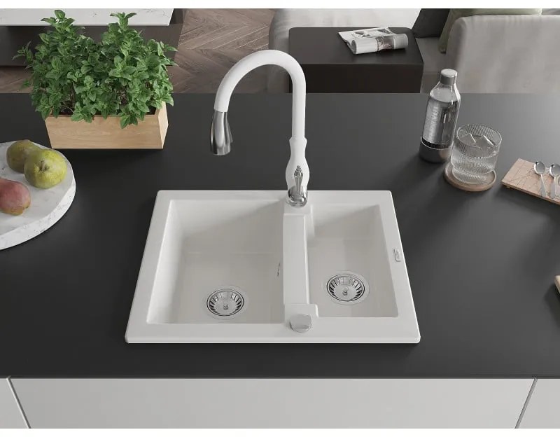 Mexen Carlos, 1,5-komorový granitový drez 582x475x177 mm a drezová batéria Savita, biela, 6518-20-672601-20