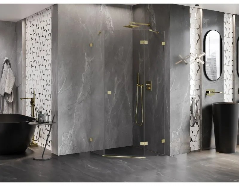 Mexen Lunar, päťuholníkový sprchový kút s pravým sklonom 90 x 90 cm, 8mm číre sklo, zlatý matný profil, 831-090P-090L-55-00-P