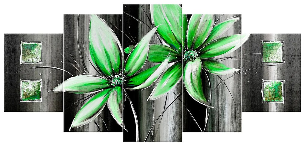 Gario Ručne maľovaný obraz Krásne zelené kvety - 5 dielny Rozmery: 150 x 70 cm