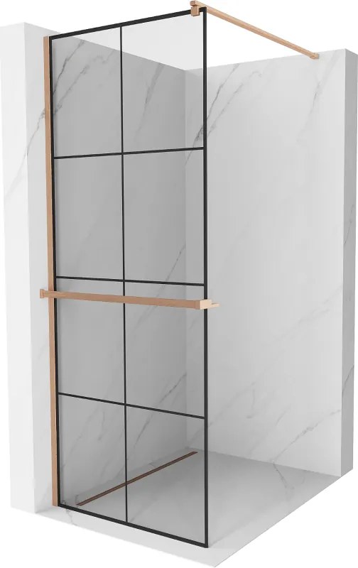 Mexen Kioto+, sprchová zástena Walk-In s poličkou a vešiakom 70 x 200 cm, 8mm číre sklo čierny vzor, medený matný profil, 800-070-121-65-77