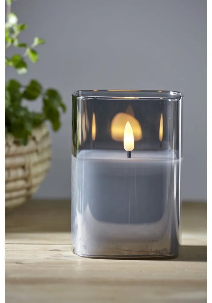 Sivá LED vosková sviečka v skle Star Trading Flamme, výška 12,5 cm