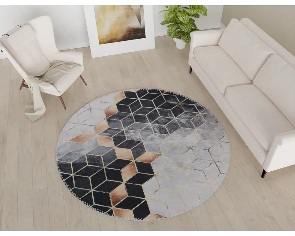 Čierno-biely umývateľný okrúhly koberec ø 120 cm – Vitaus