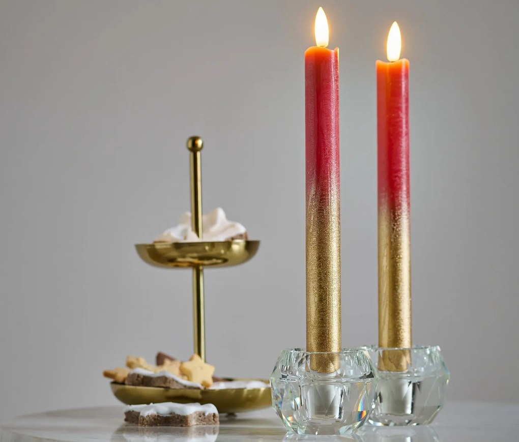 Dlhé LED sviečky z pravého vosku, 2 ks, červeno-zlaté