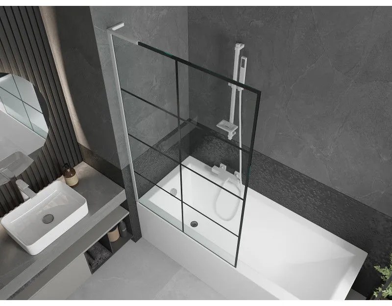 Mexen Next L, 1-krídlová vaňová zástena 100 x 150 cm, 6mm číre sklo-čierny vzor, biely profil, 895-100-000-03-77-20