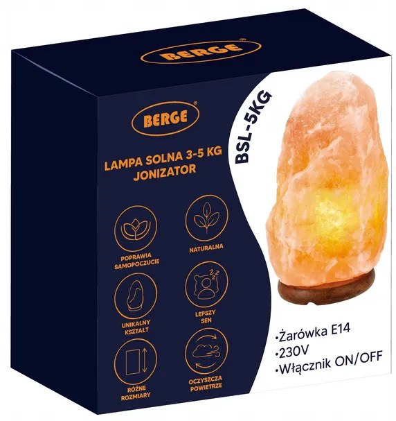 BERGE Soľná lampa 3-5kg - Ionizátor / nočná lampa
