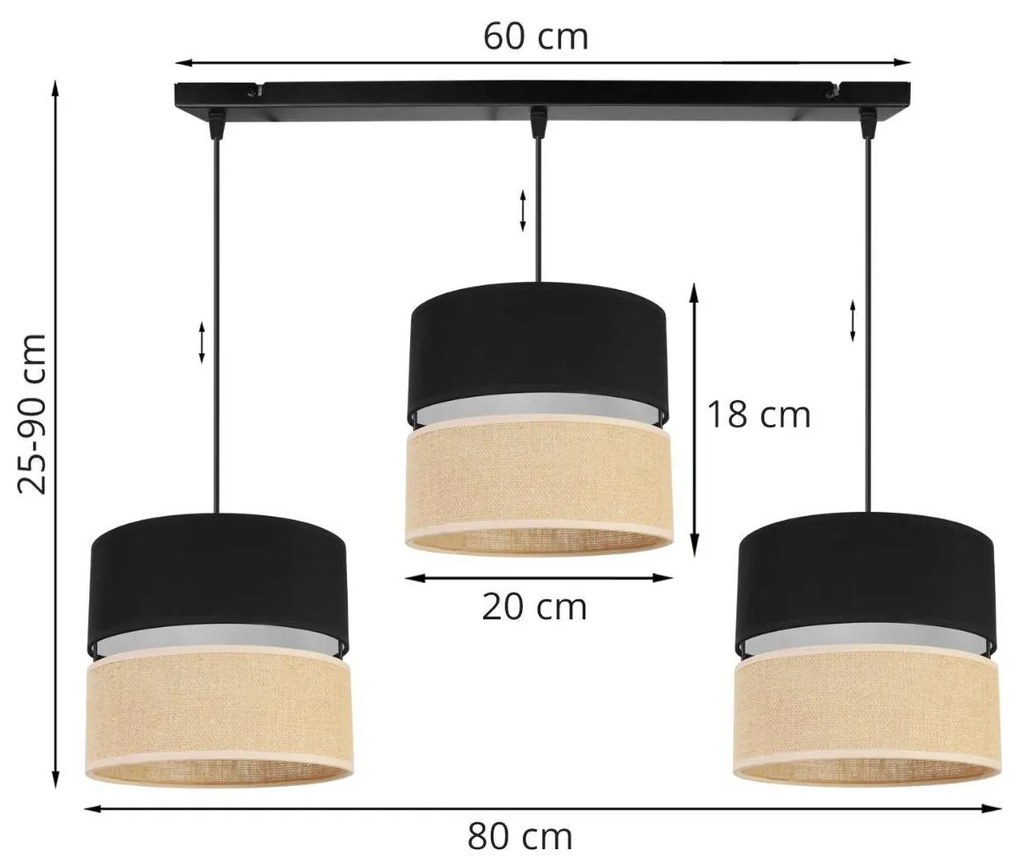 Závesné svietidlo Juta, 3x jutové/čierne textilné tienidlo, b