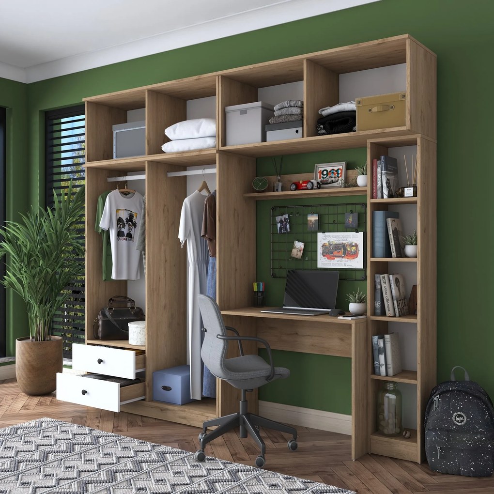 Súprava detského nábytku Baren s písacím stolom, šatníkovou skriňou a regálom biela/orech