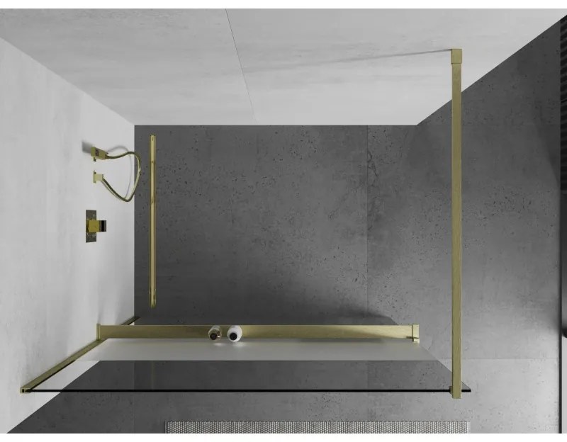 Mexen Kioto+, sprchová zástena Walk-In s poličkou a vešiakom 110 x 200 cm, 8mm číre sklo-námraza, zlatý matný profil, 800-110-121-55-35