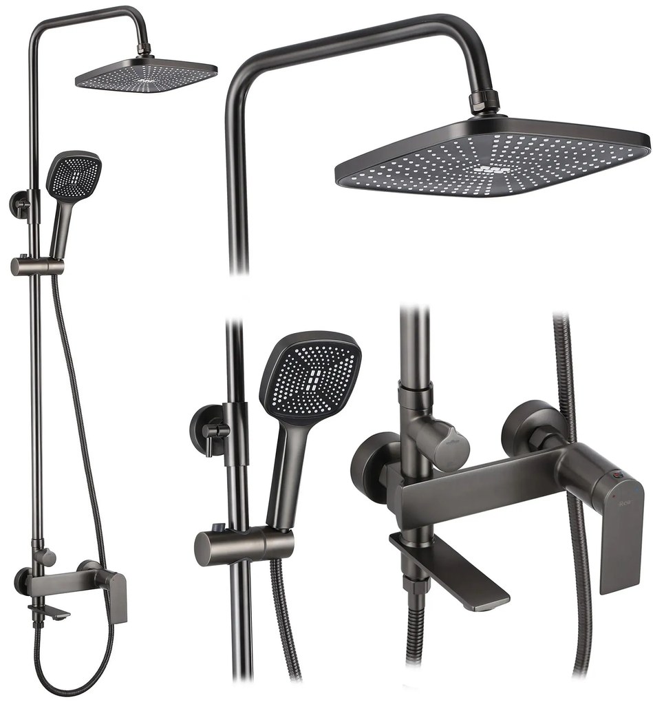 Rea Storm, vaňová/sprchová súprava s dažďovou hlavovou sprchou a ručnou sprchovou hlavicou, grafitová, REA-P9534